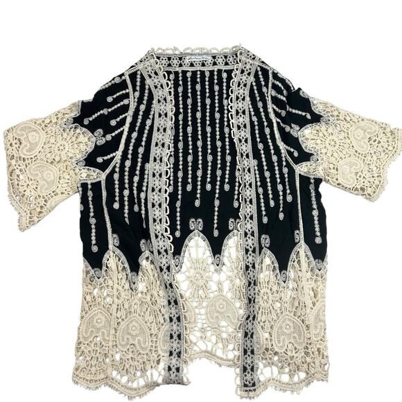 London Kaye Jackets & Blazers - London Kaye Black Embroidered Open Front Kimono Cardigan Crochet Lace Duster
